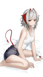 Rule 34 | 1girl, absurdres, antennae, arknights, arm support, bare arms, bare legs, bare shoulders, barefoot, commentary request, grey hair, grey shorts, highres, horns, looking at viewer, orange eyes, shenqi xiao hong zai nali, short hair, short shorts, shorts, simple background, sitting, solo, tail, tank top, thighs, w (arknights), wariza, white background, white tank top