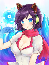 Rule 34 | 1girl, ahri (league of legends), alternate costume, animal ears, arcade ahri, breasts, cleavage, collarbone, fang, fox ears, fox tail, furan (marina6123), headphones, highres, large breasts, league of legends, looking at viewer, mole, mole under eye, multiple tails, open mouth, purple eyes, purple hair, red scarf, scarf, short hair, solo, tail