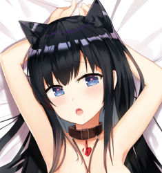 Rule 34 | 1girl, animal ears, arms behind head, asashio (kancolle), black hair, blue eyes, blush, brown collar, cat ears, collar, collarbone, commentary request, heart, heart in eye, kantai collection, long hair, looking at viewer, lying, on back, saliva, solo, symbol in eye, zhiyou ruozhe