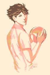 Rule 34 | 10s, 1boy, ball, from behind, gym uniform, haikyuu!!, holding, holding ball, kamille areopagita, limited palette, looking at viewer, looking back, male focus, oikawa tooru (haikyuu!!), shirt, short hair, short sleeves, simple background, solo, sportswear, t-shirt, volleyball (object), volleyball uniform