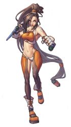 Rule 34 | 00s, bandaid, bare shoulders, boots, breasts, brown hair, dungeon and fighter, fighter (dungeon and fighter), gloves, highres, long hair, midriff, muscular, navel, orange eyes, ponytail, tonfa, very long hair, weapon