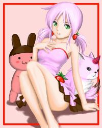 Rule 34 | 1girl, :3, apollo chocolate, borrowed character, chocolate, creature, dress, food, food-themed hair ornament, fruit, green eyes, hair ornament, hat, horns, lowres, oekaki, personification, pink hair, rabbit, short twintails, solo, strawberry, strawberry hair ornament, tsuki yomi, twintails