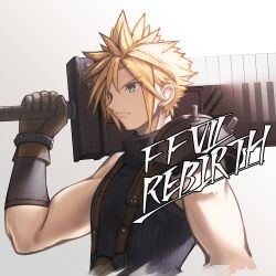 Rule 34 | 1boy, armor, blonde hair, blue eyes, brown gloves, buster sword, closed mouth, cloud strife, commentary request, earrings, final fantasy, final fantasy vii, final fantasy vii rebirth, final fantasy vii remake, gloves, gradient background, holding, holding sword, holding weapon, huge weapon, jewelry, male focus, over shoulder, ribbed sweater, shoori (migiha), short hair, shoulder armor, single bare shoulder, sleeveless, sleeveless turtleneck, solo, spiked hair, stud earrings, suspenders, sweater, sword, turtleneck, turtleneck sweater, upper body, weapon