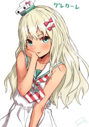 Rule 34 | 1girl, :p, blue eyes, blush, commentary request, dress, grecale (kancolle), kantai collection, long hair, looking at viewer, pink ribbon, ribbon, sailor collar, sailor dress, side-tie dress, simple background, sleeveless, sleeveless dress, smile, solo, takanashi kei (hitsujikan), tongue, tongue out, white background, white dress, white sailor collar