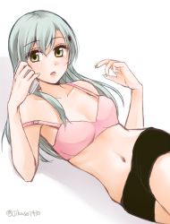 Rule 34 | 10s, 1girl, aqua hair, bare shoulders, bike shorts, bra, breasts, cellphone, female focus, green eyes, hair ornament, holding, holding phone, jikasei, kantai collection, long hair, looking at viewer, nail polish, navel, open mouth, phone, pink bra, small breasts, solo, strap slip, suzuya (kancolle), twitter username, underwear, white background