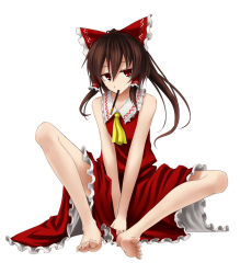 Rule 34 | 1girl, bare shoulders, barefoot, bow, brown hair, din (artist), din (flypaper), feet, female focus, food, hair bow, hakurei reimu, long hair, mouth hold, pocky, red eyes, sleeveless, solo, touhou