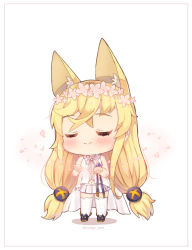 Rule 34 | 1girl, animal ears, babydoll, bad id, bad pixiv id, bare arms, bare shoulders, blonde hair, blue footwear, blush, cat ears, chibi, closed eyes, closed mouth, commentary request, facing viewer, flower, foreign blue, g41 (girls&#039; frontline), girls&#039; frontline, hair flower, hair ornament, hands up, korean commentary, long hair, low-tied long hair, low twintails, navel, petals, pink flower, pleated skirt, shoes, skirt, solo, standing, thighhighs, twintails, twitter username, very long hair, white background, white skirt, white thighhighs