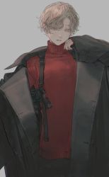 Rule 34 | 1boy, black coat, coat, grey background, grey hair, gun, hand up, highres, long sleeves, looking at viewer, orexxxo, original, red sweater, short hair, simple background, solo, sweater, upper body, weapon