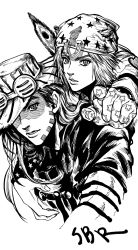 Rule 34 | 2boys, bad id, bad pixiv id, beard, copyright name, cowboy hat, facial hair, feathers, goggles, greyscale, gyro zeppeli, hat, highres, horseshoe ornament, johnny joestar, jojo no kimyou na bouken, long hair, male focus, monochrome, multiple boys, my nameisyoon, pointing, pointing at viewer, short hair, star (symbol), star print, steel ball run, upper body, white background
