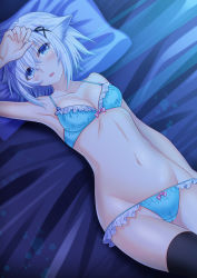 Rule 34 | 1girl, animal ears, arm at side, bed, bed sheet, black thighhighs, blue bra, blue panties, bow, bow bra, bra, breasts, cleavage, commentary request, cowboy shot, dutch angle, frilled bra, frilled panties, frills, hair ornament, hand on own head, looking at viewer, lowleg, lowleg panties, lying, navel, on back, original, panties, pillow, shirotsuki renge, short hair, solo, thighhighs, underwear, white hair, x hair ornament