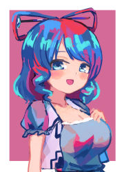 Rule 34 | 1girl, :d, blue eyes, blue hair, blue shirt, blush, breasts, close-up, collarbone, commentary request, curly hair, hair ornament, hair rings, hand on own chest, hand up, highres, kaku seiga, large breasts, looking at viewer, multicolored hair, open clothes, open mouth, pink background, puffy short sleeves, puffy sleeves, puroshimin, shirt, short hair, short sleeves, simple background, smile, solo, touhou, upper body, wavy hair