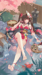 Rule 34 | 1girl, :p, absurdres, akanbe, bare shoulders, barefoot, bell, black choker, black gloves, blush, brown hair, cherry blossoms, choker, closed mouth, comet (user fjsa4577), criss-cross halter, crossed legs, day, dress, eyelid pull, falling petals, feet, fence, finger to cheek, fox mask, full body, gloves, halterneck, highres, honkai: star rail, honkai (series), knee up, leaning back, long hair, looking at viewer, mask, mask on head, nail polish, neck bell, o-ring, obi, onsen, outdoors, pelvic curtain, petals, pink eyes, red dress, red nails, sash, short dress, sidelocks, single glove, sitting, sleeveless, sleeveless dress, smile, soles, solo, sparkle (honkai: star rail), stone lantern, toes, tongue, tongue out, twintails, wooden fence