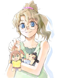Rule 34 | :&lt;, bare shoulders, blonde hair, blue eyes, blush, glasses, grin, mutou youshun, open mouth, original, side ponytail, smile, solo, stuffed toy, wavy hair
