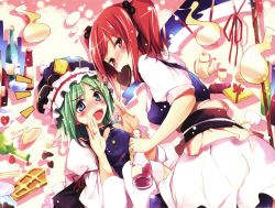 Rule 34 | 2girls, ass, blue eyes, blush, brown eyes, cake, candy, chocolate, chocolate heart, cup, embarrassed, eyebrows, female focus, food, fruit, gift, green hair, hair bobbles, hair ornament, hamayumiba sou, hat, heart, highres, long hair, multiple girls, onozuka komachi, open mouth, pastry, red eyes, red hair, ribbon, scythe, shiki eiki, short hair, short sleeves, skirt, strawberry, teacup, teapot, tears, touhou, twintails, two side up, yuri