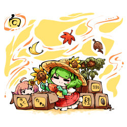 Rule 34 | 2girls, ahoge, autumn, autumn leaves, blush stickers, character request, chibi, commentary request, english text, flower, frilled skirt, frills, gardening, gloves, green hair, hair flower, hair ornament, harvest, hat, hat flower, holding, holding flower, kashuu (b-q), kazami yuuka, long skirt, long sleeves, looking at another, multiple girls, open clothes, open vest, pink hair, plaid, plaid skirt, plaid vest, red skirt, red vest, rubber gloves, seasons, seed, shirt, short eyebrows, shovel, skirt, skirt set, straw hat, sun, sunflower, sunflower hair ornament, touhou, translation request, vest, white shirt, wind, withered