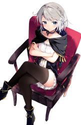 Rule 34 | 1girl, arms under breasts, black thighhighs, blue eyes, blush, boots, braid, breasts, capelet, choker, closed mouth, collarbone, commentary, crossed arms, crossed legs, frown, full body, hair ornament, highres, looking at viewer, miniskirt, on chair, original, shirt, short hair, sitting, skirt, sleeveless, sleeveless shirt, small breasts, solo, star (symbol), star hair ornament, strapless, strapless shirt, thighhighs, thighs, watanai72, white hair, white skirt, zettai ryouiki