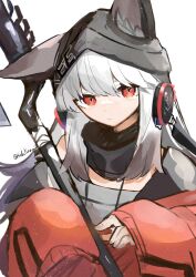 Rule 34 | 1girl, andou yuna, animal ear fluff, animal ears, arknights, beanie, black hat, closed mouth, commentary request, ears through headwear, frostleaf (arknights), grey hair, grey shirt, hair between eyes, hat, headphones, highres, jacket, long hair, long sleeves, looking at viewer, puffy long sleeves, puffy sleeves, red eyes, red jacket, shirt, simple background, sleeves past fingers, sleeves past wrists, solo, twitter username, upper body, white background