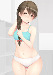 Rule 34 | 1girl, bad id, bad pixiv id, bathroom, blue bra, blush, bow, bra, braid, breasts, brown eyes, brown hair, gluteal fold, hair between eyes, hair bow, kantai collection, mismatched underwear, navel, ne an ito, open mouth, panties, red bow, small breasts, solo, thighs, underwear, underwear only, uranami (kancolle), white panties