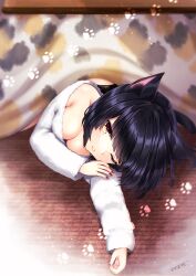 Rule 34 | 1girl, absurdres, animal ear fluff, animal ears, black hair, breasts, brown eyes, cat ears, cat girl, cat tail, cleavage, commentary request, highres, kotatsu, long sleeves, looking at viewer, lying, medium breasts, nail polish, off-shoulder shirt, off shoulder, omoomomo, on floor, on side, one eye closed, original, parted lips, red nails, shirt, solo, table, tail, white shirt