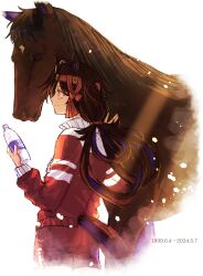 Rule 34 | 1girl, ahoge, alternate costume, animal ears, ass, bottle, brown hair, closed mouth, commentary request, creature and personification, dated, headband, highres, horse, horse ears, horse tail, jacket, jagaimobeniko, lens flare, low twintails, no reason (umamusume), shorts, smile, tail, track jacket, twintails, umamusume, water bottle, white background, yellow eyes