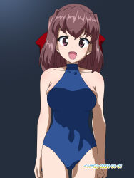 Rule 34 | 1girl, artist name, blue one-piece swimsuit, blush, breasts, brown eyes, brown hair, collarbone, covered navel, dated, girls und panzer, hair ribbon, highres, kondou taeko, large breasts, long hair, looking at viewer, naotosi, one-piece swimsuit, open mouth, ribbon, simple background, smile, solo, swimsuit