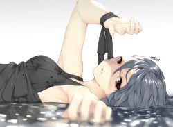 Rule 34 | 1girl, black dress, black ribbon, blurry, brown eyes, dated, depth of field, dress, foreshortening, grey hair, hair between eyes, highres, long hair, looking at viewer, lying, on back, original, parted lips, partially submerged, rayvon, ribbon, simple background, solo, water surface, white background, wrist ribbon