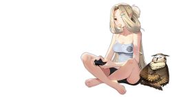 Rule 34 | 1girl, azur lane, bare shoulders, bird, black shorts, blonde hair, breasts, brown eyes, bunker hill (azur lane), bunker hill (mission relaxation) (azur lane), camisole, chick, chips (food), cleavage, collarbone, controller, food, food in mouth, game controller, hair ornament, hair over one eye, hairclip, holding, holding controller, kexue, long hair, looking at viewer, manjuu (azur lane), medium breasts, mouth hold, official alternate costume, official art, open mouth, playing games, potato chips, shorts, sitting, solo, spaghetti strap, strap slip, transparent background, very long hair