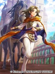 Rule 34 | 1boy, brown eyes, brown hair, cape, chachie, company name, fire emblem, fire emblem: genealogy of the holy war, fire emblem cipher, horse, long hair, male focus, nintendo, official art, oifey (fire emblem), sky, solo, sparkle, tree, aged down