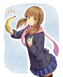 Rule 34 | 1girl, bad id, bad pixiv id, banana, black thighhighs, brown eyes, brown hair, food, fruit, highres, holding, holding food, holding fruit, charm (object), light smile, monk, original, pink scarf, pleated skirt, scarf, school uniform, skirt, solo, thighhighs, thumbs up, twintails, yoropa, zettai ryouiki