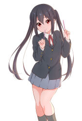 Rule 34 | 1girl, black hair, closed mouth, commentary request, dated, dresstrip, food, grey skirt, happy birthday, holding, holding food, holding pocky, k-on!, looking at viewer, nakano azusa, pocky, red eyes, sakuragaoka high school uniform, school uniform, skirt, smile, solo, straight-on, twintails, white background, winter uniform