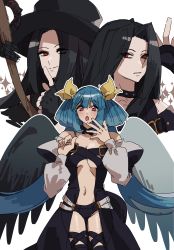 Rule 34 | 1girl, 2others, absurdres, asymmetrical wings, black hair, blue hair, center opening, choker, dizzy (guilty gear), guilty gear, guilty gear strive, guilty gear x, guilty gear xx, hair ribbon, hat, highres, ko jira, long hair, multiple others, pale skin, puffy sleeves, red eyes, ribbon, surprised, testament (guilty gear), thighhighs, top hat, twintails, very long hair, wings