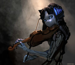 Rule 34 | 1girl, android, blue eyes, glowing, glowing eyes, hanagemissile, highres, humanoid robot, instrument, light rays, looking away, mecha musume, mechanical arms, metal skin, music, no mouth, original, playing instrument, resolution mismatch, robot, single mechanical arm, solo, source smaller, sunbeam, sunlight, user urmt5588, violin