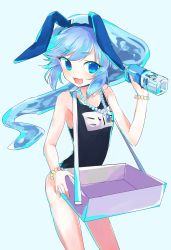 Rule 34 | 1girl, :3, animal ears, aqua eyes, aqua hair, arched back, bare arms, bare legs, bare shoulders, bead bracelet, bead necklace, beads, bracelet, breasts, bunny girl, commentary, ears down, fake animal ears, hand up, highres, holding, jewelry, corriente (show by rock!!), kyuuri (miyako), liquid hair, long hair, looking at viewer, name tag, necklace, one-piece swimsuit, open mouth, pendant, rabbit ears, raised eyebrow, school swimsuit, show by rock!!, small breasts, solo, standing, swimsuit, very long hair