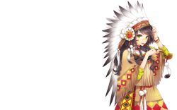 Rule 34 | 1girl, black hair, brown hair, dress, facepaint, facial mark, feathers, female focus, fringe trim, green eyes, headdress, nardack, native american, native american clothes, original, simple background, smoking pipe, solo, squaw, standing, wallpaper, white background