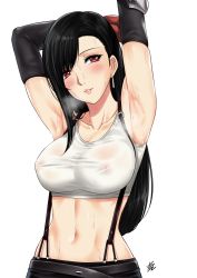 Rule 34 | 1girl, armpits, arms up, black hair, blush, breasts, earrings, final fantasy, final fantasy vii, highres, jewelry, long hair, nipples, no bra, red eyes, see-through, solo, square enix, steaming body, sweat, tifa lockhart, white background, xter