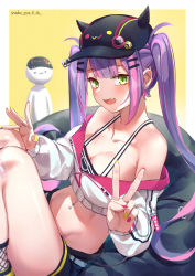 Rule 34 | 1girl, :d, bare shoulders, black hat, blush, breasts, cleavage, collarbone, ear piercing, fake horns, fang, green eyes, hair ornament, hairclip, hat, highres, hololive, horned headwear, horns, jacket, large breasts, long hair, looking at viewer, mr.lime, multicolored hair, multicolored nails, nail polish, navel, navel piercing, off-shoulder jacket, off shoulder, open mouth, piercing, pink hair, purple hair, red nails, shorts, simple background, sitting, smile, solo, tail, tail ornament, tail piercing, thighs, tokoyami towa, twintails, v, virtual youtuber, white jacket, yellow nails