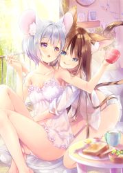 Rule 34 | 2girls, animal ear fluff, animal ears, barefoot, blue eyes, blush, bread slice, breasts, brown hair, cat ears, cat tail, commentary request, cup, day, ech, food, highres, holding hands, hug, hug from behind, indoors, kneeling, licking lips, lingerie, mouse ears, mouse tail, mug, multiple girls, negligee, open mouth, original, panties, purple eyes, see-through, shirt, short hair, silver hair, sitting, small breasts, tail, toast, tongue, tongue out, underwear, white panties, white shirt, yuri