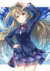 Rule 34 | 1girl, ahoge, blazer, blue sky, breasts, cloud, cloudy sky, commentary, hand on own hip, jacket, light brown hair, long hair, long sleeves, looking at viewer, love live!, love live! school idol festival all stars, love live! school idol project, medium breasts, minami kotori, miniskirt, one side up, otonokizaka school uniform, salute, school uniform, sidelocks, skirt, sky, smile, solo, tomo wakui, upper body, yellow eyes