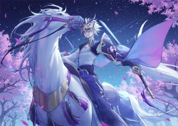 Rule 34 | 1boy, animal, arsh (thestarwish), barding, blue eyes, cape, closed mouth, commentary request, fate/grand order, fate (series), prince of lan ling (fate), gradient sky, holding, holding sword, holding weapon, horned mask, horns, horse, horseback riding, japanese clothes, katana, leaf, falling leaves, long sleeves, looking at viewer, male focus, mask, meteor shower, night, night sky, outdoors, pants, reins, riding, saddle, shirt, short hair, sky, smile, solo, star (sky), starry sky, sword, tassel, tree, weapon, white hair, white shirt