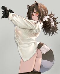 Rule 34 | 1girl, animal ears, arknights, arms up, ass, blush, brown hair, clothes pull, cowboy shot, grey background, hair between eyes, highres, kochiya (gothope), long sleeves, looking at viewer, multicolored hair, pants, pants pull, ponytail, raccoon ears, raccoon girl, raccoon tail, robin (arknights), shirt, sidelocks, simple background, solo, streaked hair, tail, white hair, white shirt, yellow eyes