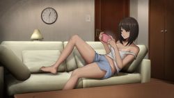 Rule 34 | bare shoulders, barefoot, bob cut, breasts, brown eyes, brown hair, character request, cleavage, clock, commentary request, copyright request, couch, feet, from side, holding, inverted bob, kurone rinka, lips, medium breasts, medium hair, midriff, mole, mole on breast, navel, nintendo, nintendo switch, on couch, parted lips, playing games, reclining, short shorts, shorts, strap slip, tan, tank top, tanline, thighs, toes, wall clock, white tank top