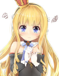 Rule 34 | 1girl, azur lane, bare shoulders, black dress, black hairband, blonde hair, blue bow, blue eyes, blush, bow, breasts, closed mouth, commentary, crown, detached sleeves, dress, gloves, hair bow, hairband, long hair, long sleeves, looking at viewer, maru shion, mini crown, queen elizabeth (azur lane), ringlets, simple background, small breasts, solo, squiggle, strapless, strapless dress, striped clothes, striped hairband, tears, very long hair, white background, white bow, white gloves