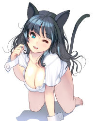 Rule 34 | 1girl, ;d, all fours, animal ears, barefoot, black hair, blue eyes, breasts, cat ears, cat tail, cleavage, fangs, head tilt, highres, kouno (masao), large breasts, long hair, looking at viewer, one eye closed, open mouth, original, revision, simple background, smile, solo, tail, tail raised, white background, wrist cuffs