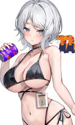 Rule 34 | 1girl, absurdres, bare arms, bare shoulders, beer can, bikini, black bikini, black choker, blue eyes, breasts, can, choker, cleavage, collarbone, drink can, faust (project moon), halterneck, highleg, highleg bikini, highres, holding, holding can, id card, kuroshiro kanae, large breasts, limbus company, looking at viewer, multi-strapped bikini bottom, multi-strapped bikini top, navel, opened can of wellcheers, parted lips, project moon, short hair, side-tie bikini bottom, simple background, solo, stomach, strap gap, string bikini, swimsuit, upper body, white background, white hair