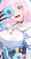 Rule 34 | 1girl, :d, absurdres, bare shoulders, black choker, black gloves, blue eyes, breasts, camera, choker, commentary request, gloves, highres, holding, holding camera, honkai: star rail, honkai (series), looking at viewer, march 7th (honkai: star rail), medium breasts, off-shoulder shirt, off shoulder, open mouth, pink hair, purple eyes, shirt, smile, solo, two-tone eyes, upper body, vialle, white shirt