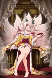 Rule 34 | 1girl, adapted costume, alternate costume, animal ears, bare legs, barefoot, blush, bowl, breasts, candle, drunk, facial mark, full body, highres, holding, holding bowl, indoors, japanese clothes, kimono, kitsune, long hair, long sleeves, looking at viewer, low twintails, medium breasts, multiple tails, nia (blade) (xenoblade), nia (xenoblade), obi, off shoulder, puffphox, sash, silver hair, sitting, solo, spoilers, tail, twintails, very long hair, xenoblade chronicles (series), xenoblade chronicles 2, yellow eyes, yellow kimono
