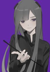 Rule 34 | 1girl, conductor baton, breasts, cjsdh1000, closed mouth, grey hair, holding, long hair, long sleeves, looking at viewer, marija (muse dash), muse dash, purple background, purple eyes, simple background, small breasts, solo, upper body, very long hair