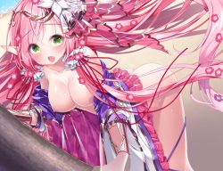 Rule 34 | 1girl, ajishio, arched back, beach, breasts, censored, dragon providence, fang, floating hair, game cg, green eyes, hair between eyes, large breasts, leaning forward, long hair, mosaic censoring, nipples, official art, open mouth, outdoors, pink hair, pointy ears, shiny skin, solo, standing, very long hair