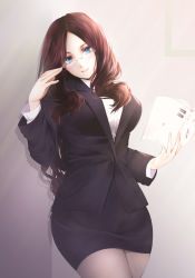 Rule 34 | 1girl, adjusting eyewear, against wall, black jacket, black skirt, blue eyes, book, breasts, brown hair, commentary request, fate/grand order, fate (series), formal, glasses, highres, holding, holding book, jacket, large breasts, leaning, leonardo da vinci (fate), long hair, looking at viewer, office lady, open book, pencil skirt, rimless eyewear, shirt, skirt, skirt suit, smile, solo, suit, thighs, wavy hair, white shirt, zhou yongqianhui