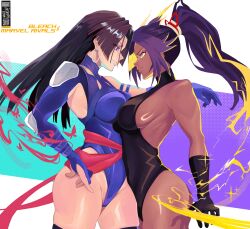 2girls absurdres bare_shoulders black_hair bleach bleach:_sennen_kessen-hen breasts crossover dark-skinned_female dark_skin gloves highleg highleg_leotard highres large_breasts leotard long_hair marvel marvel_rivals multiple_girls notaudri parted_bangs ponytail psylocke purple_eyes purple_hair sash shihouin_yoruichi smile superhero_costume thighhighs thighs x-men yellow_eyes